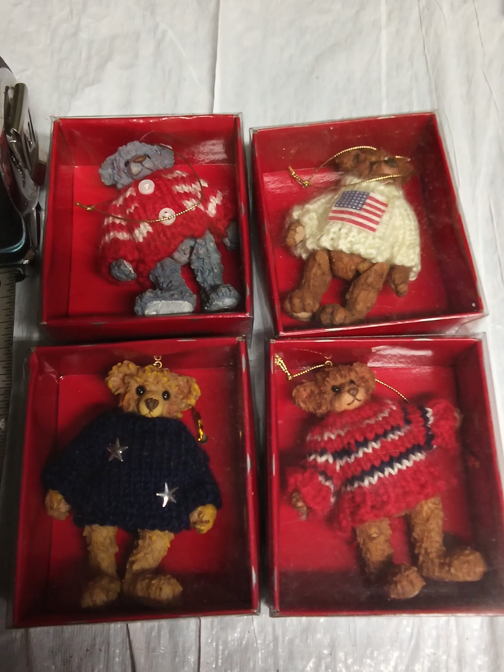 Holiday Bear Ornament Set - Red, Navy, White Sweaters